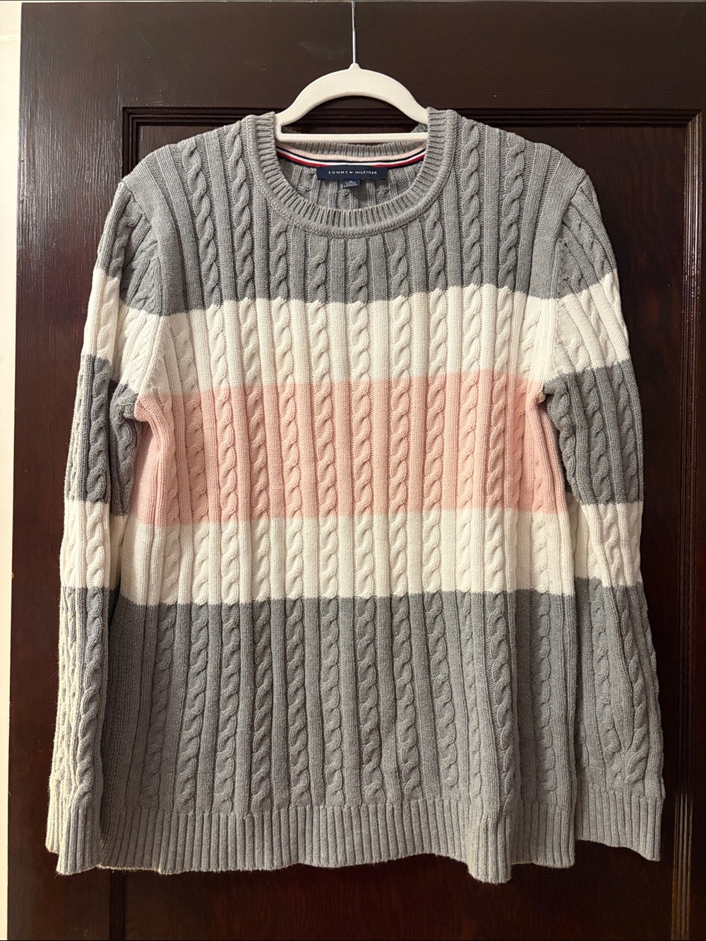 Tommy Hilfiger Gray, White & Pink Cable Knit Stripe All-cotton Sweater, Size XL